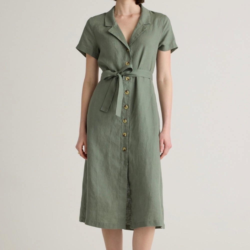 Quince 100% Linen Short Sleeve Button Shirt Midi Dress Light Cargo Green SZ XS